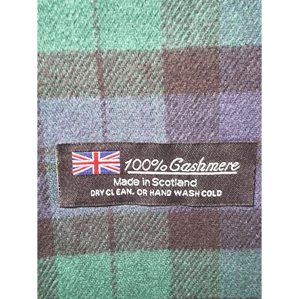100% Cashmere Men's Scarf Green Blue Plaid Tartan Made in Scotland 65